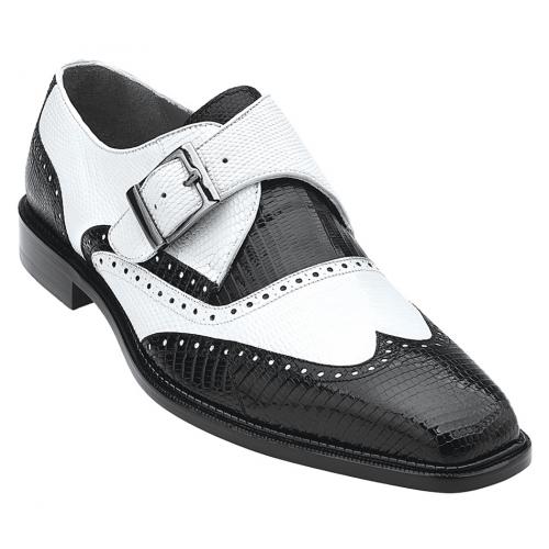 Belvedere "Pasta" Black / White Genuine Lizard Monk Strapes Shoes 1490